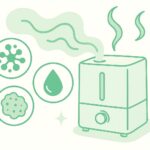 加湿器の臭いの原因となるカビや水垢を示したイラスト。ニオイ発生と対策を視覚的に表現。