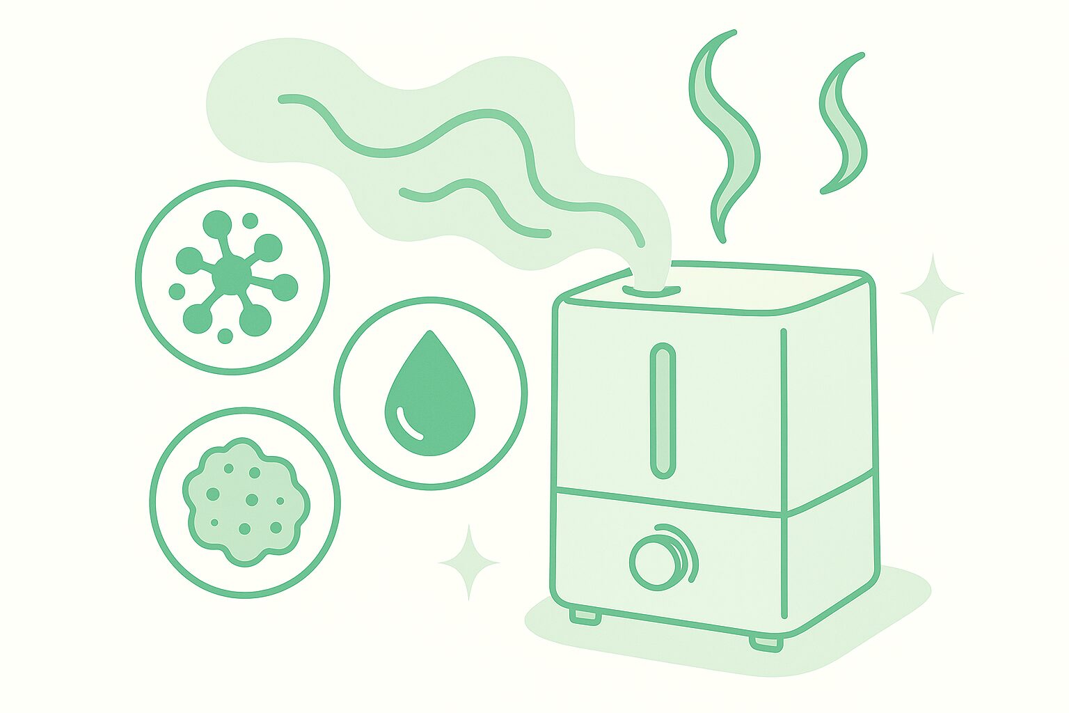 加湿器の臭いの原因となるカビや水垢を示したイラスト。ニオイ発生と対策を視覚的に表現。