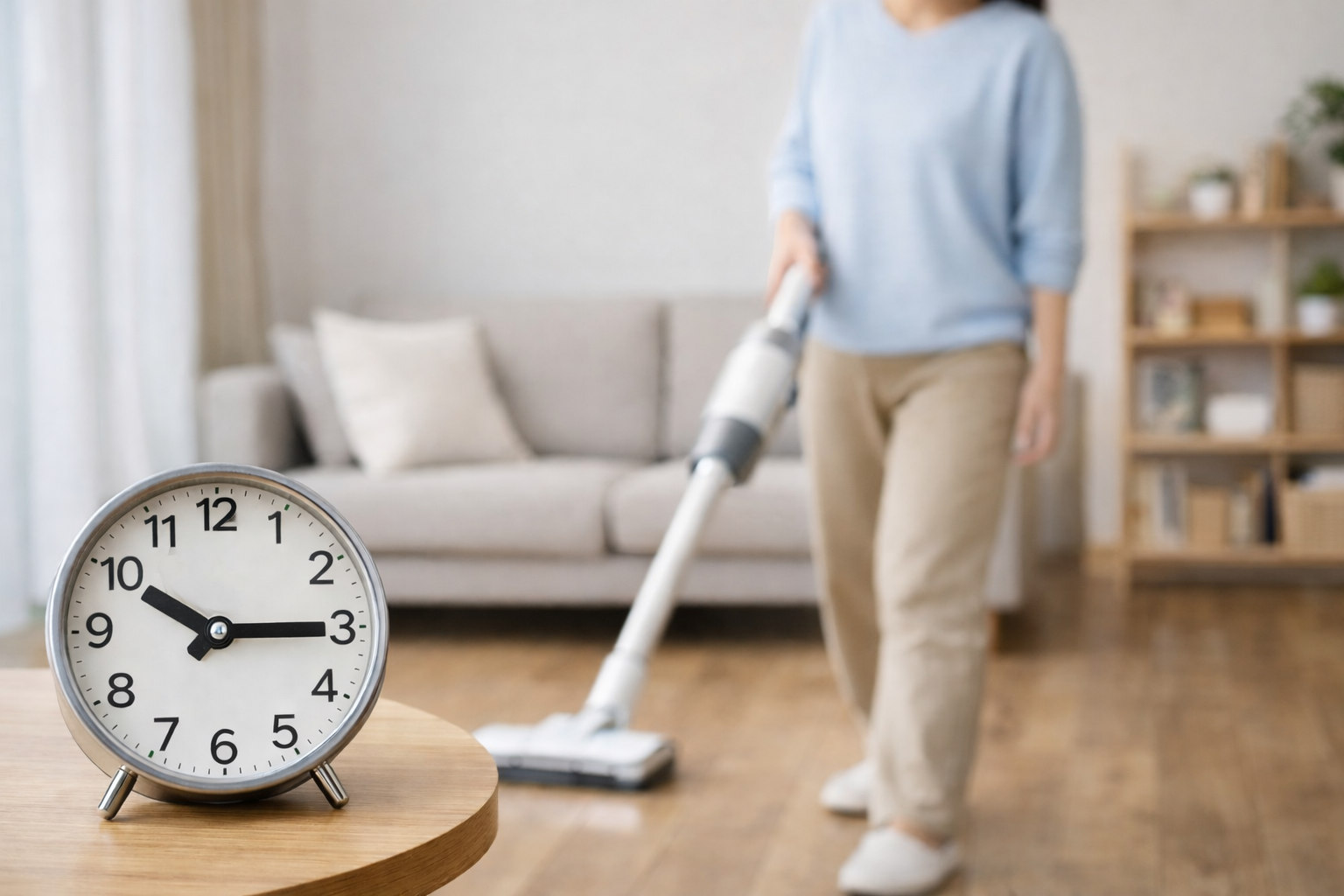 掃除にかかる平均時間をイメージした写真｜掃除機をかける女性と時計