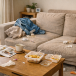 掃除がめんどくさいと感じる散らかったリビングの様子