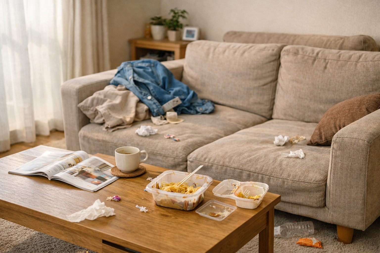 掃除がめんどくさいと感じる散らかったリビングの様子