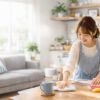 無理なく掃除を続けるためにテーブルを拭き掃除している様子