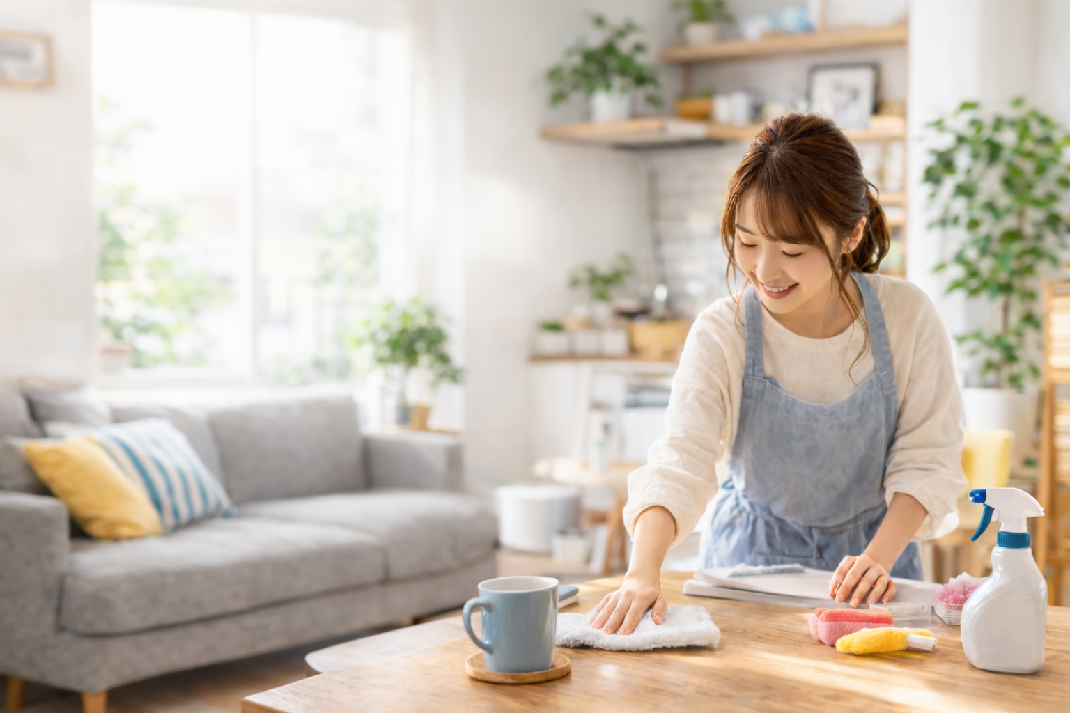 無理なく掃除を続けるためにテーブルを拭き掃除している様子