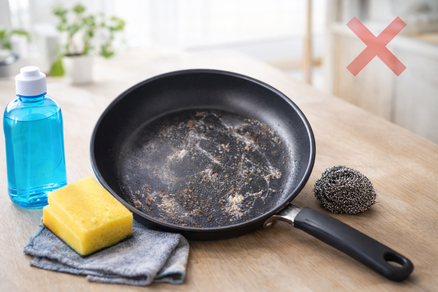 alt="掃除でやってはいけないNG例 フライパンを強くこする様子"