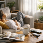 掃除のやる気が出ずソファで寝転ぶ人と散らかったリビング