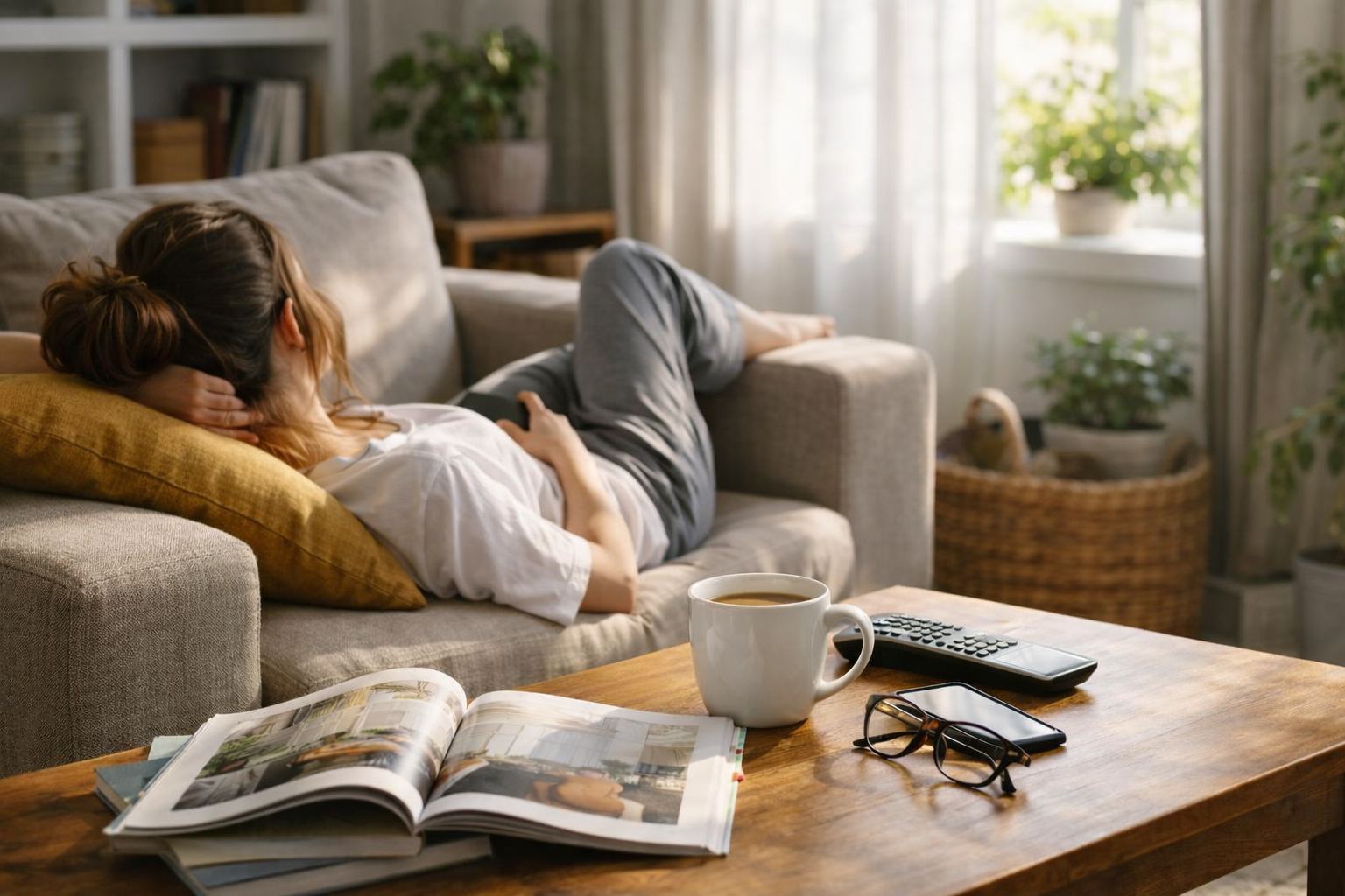 掃除のやる気が出ずソファで寝転ぶ人と散らかったリビング