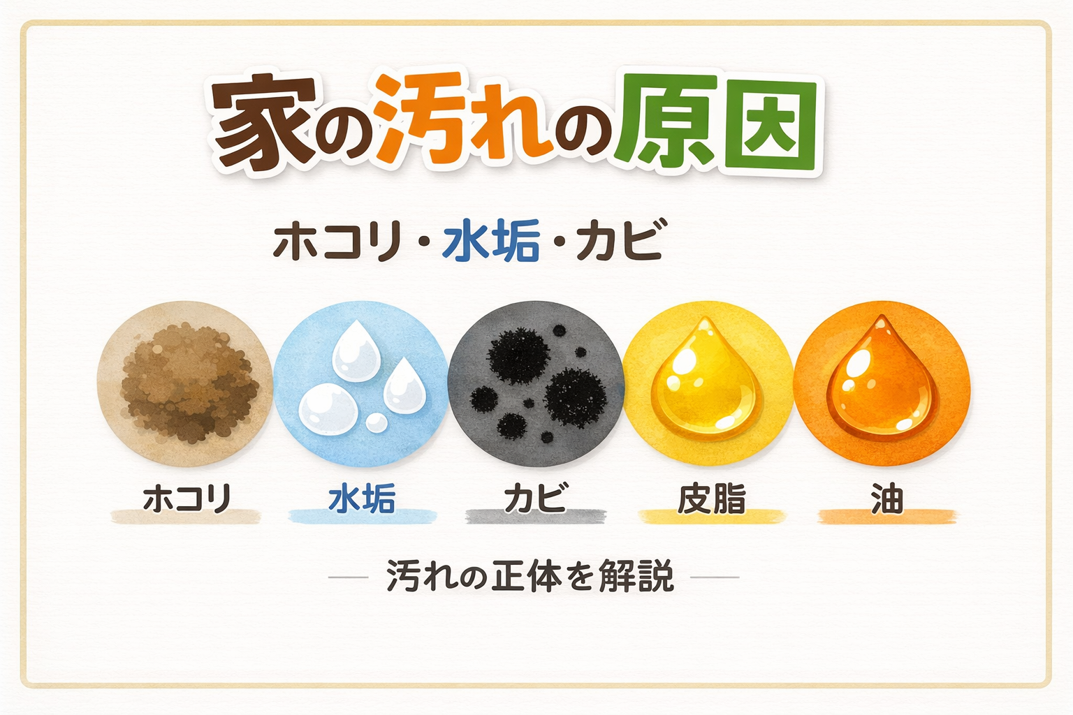 家の汚れの原因まとめ ホコリ 水垢 カビ 皮脂 油汚れ