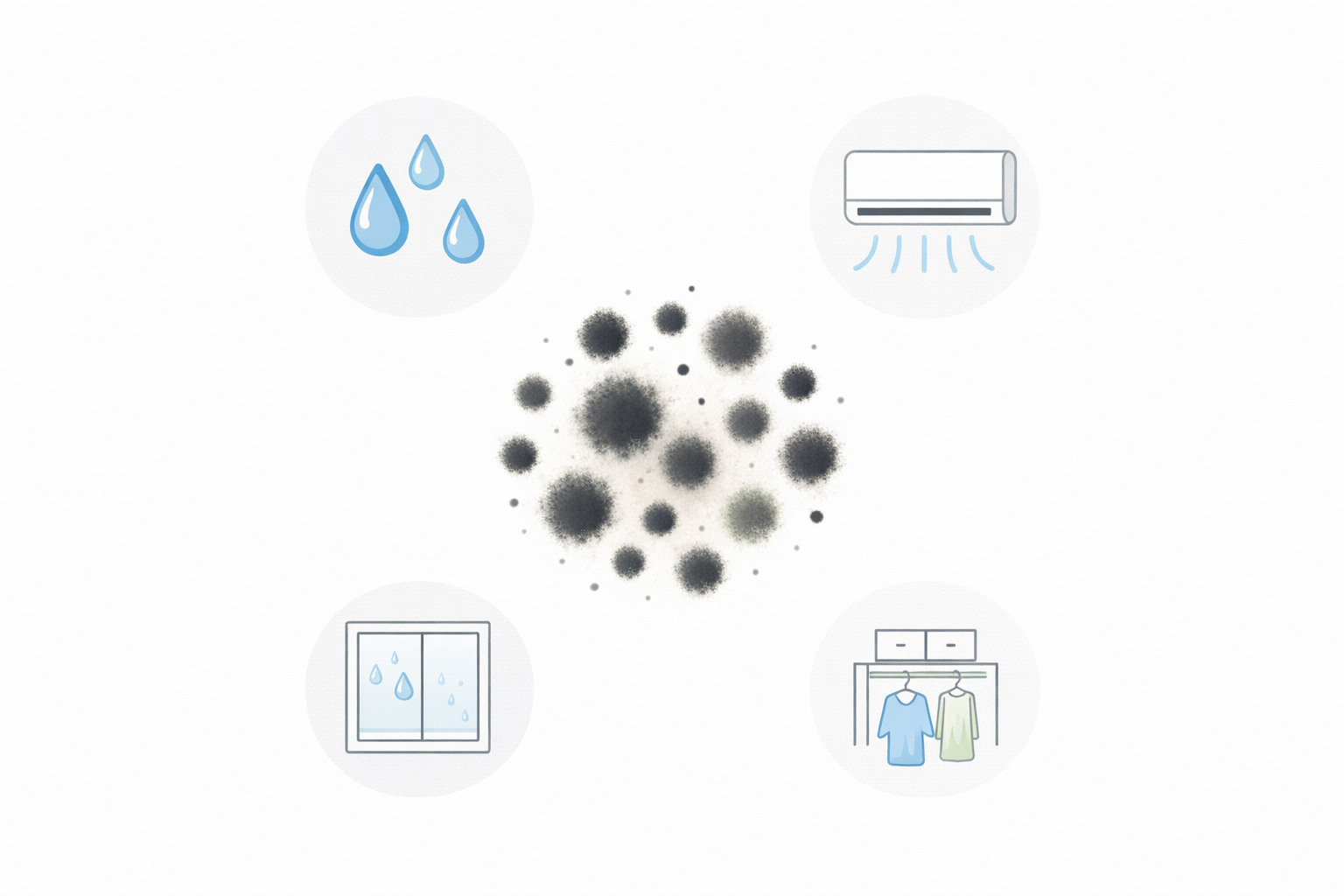 カビはなぜ生えるのか 湿気や窓 クローゼット エアコンが原因のイラスト