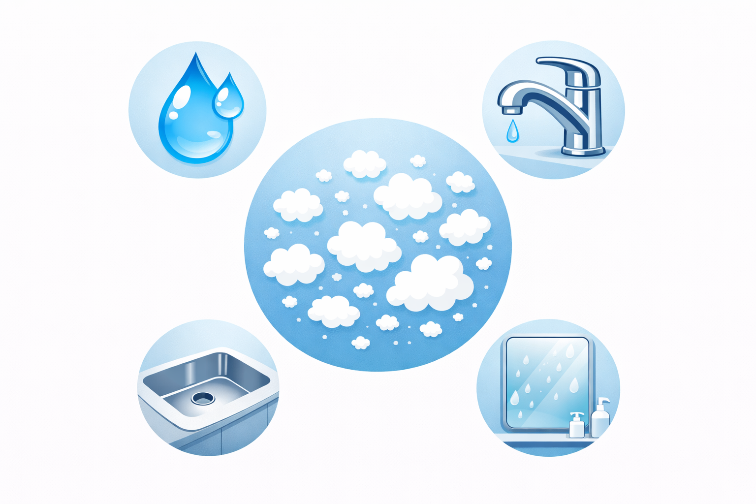 水垢はどこから発生するのか 水滴や蛇口 シンク 鏡が原因のイラスト