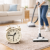 家事にかかる平均時間をイメージした写真｜掃除機をかける女性と時計