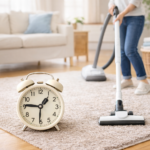 家事にかかる平均時間をイメージした写真｜掃除機をかける女性と時計