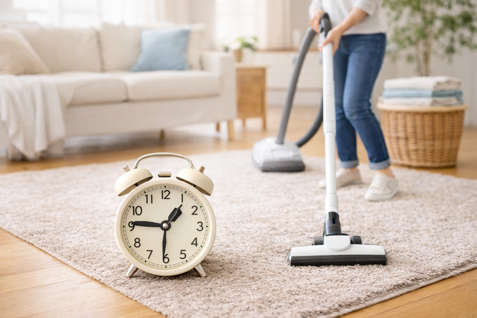 家事にかかる平均時間をイメージした写真｜掃除機をかける女性と時計