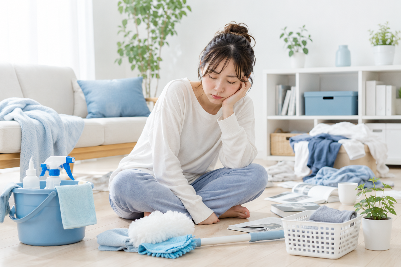 掃除のやる気が出ず疲れて座り込む女性のイメージ