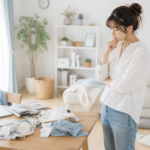 散らかった部屋を見ながら掃除を後回しにして悩む女性のイメージ