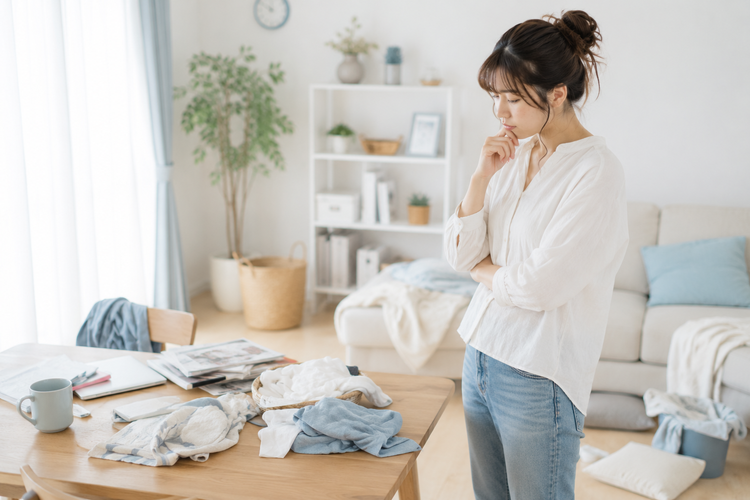 散らかった部屋を見ながら掃除を後回しにして悩む女性のイメージ