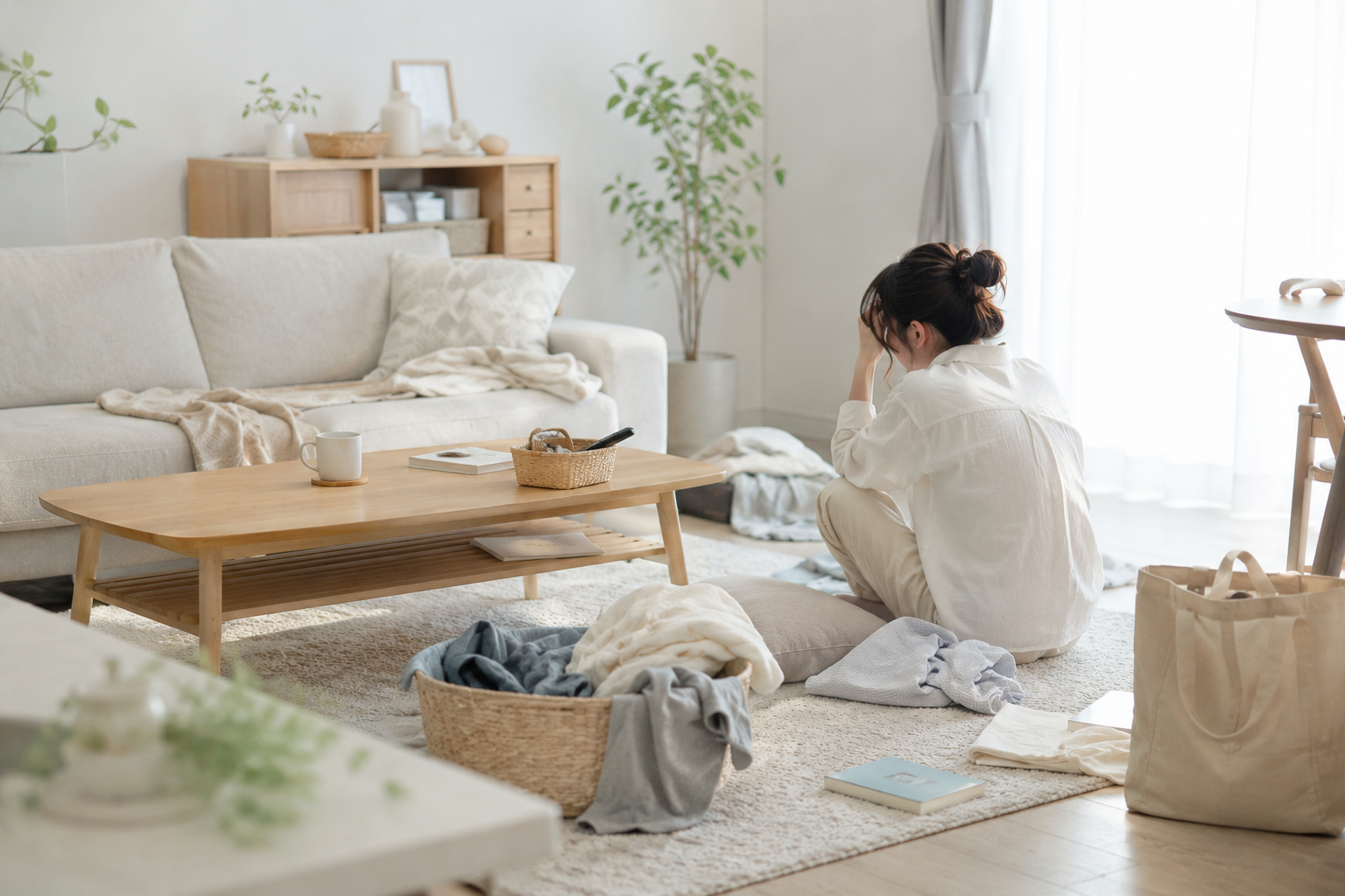 掃除してもすぐ散らかる部屋に悩む女性のイメージ