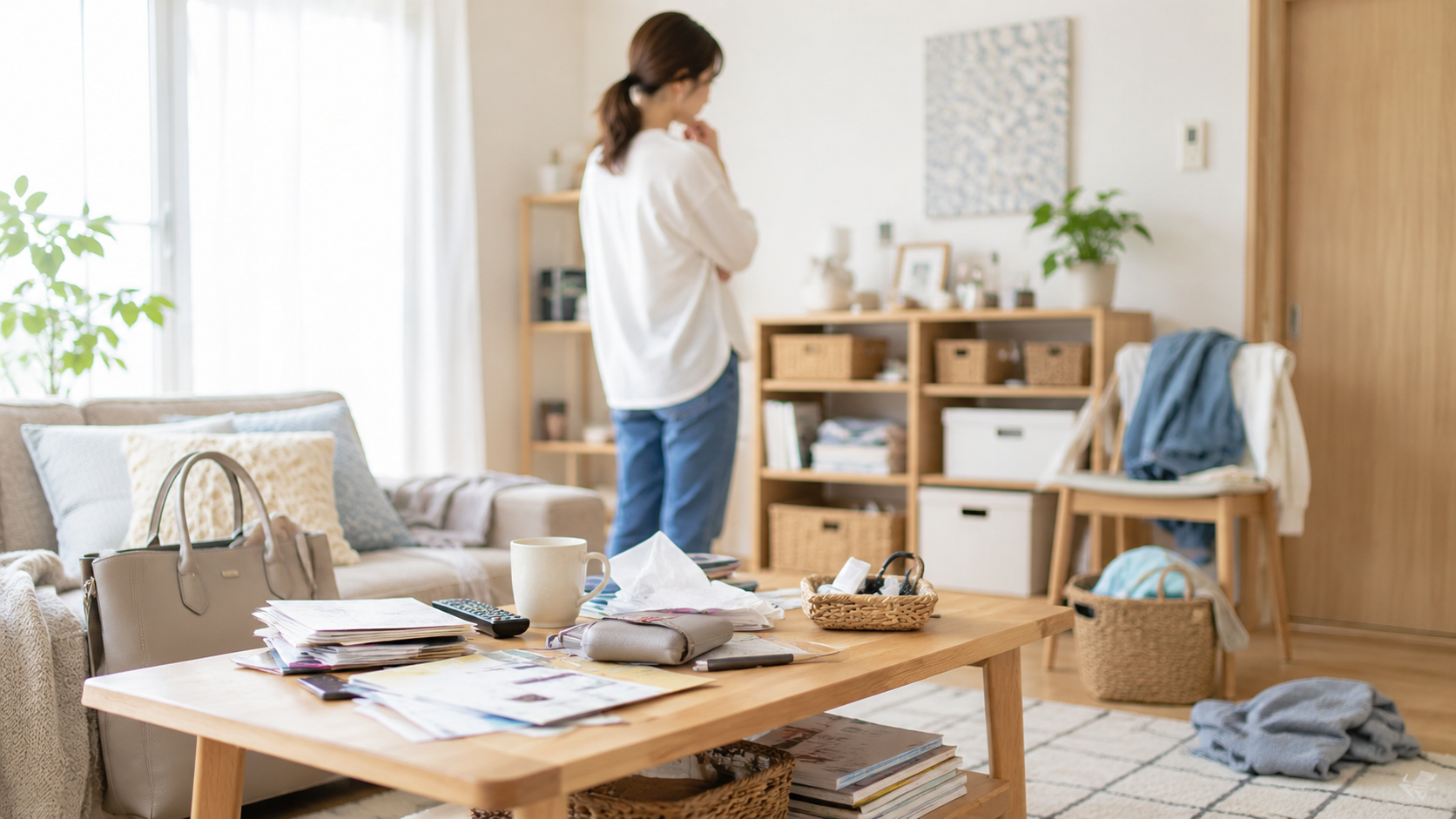 片付けが苦手で部屋が散らかりやすい原因をイメージしたナチュラルなリビング