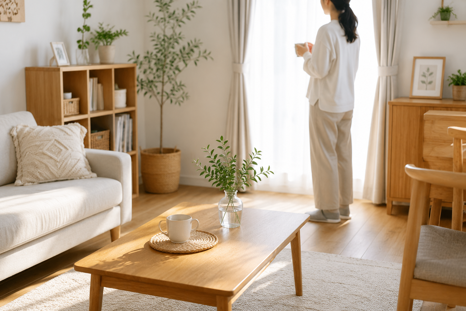 無理なく掃除を続ける習慣がある整ったリビングの様子